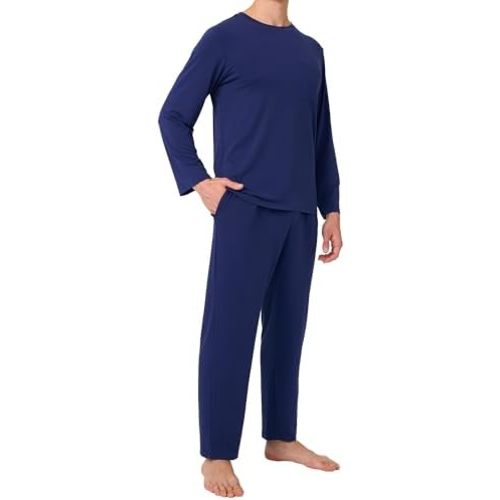BAMBOO COOL Mens Pajama Set Bamboo Viscose Soft Pijamas Sets for Men Long Sleeve Full Length Pants Pjs Sleepwear with Pockets