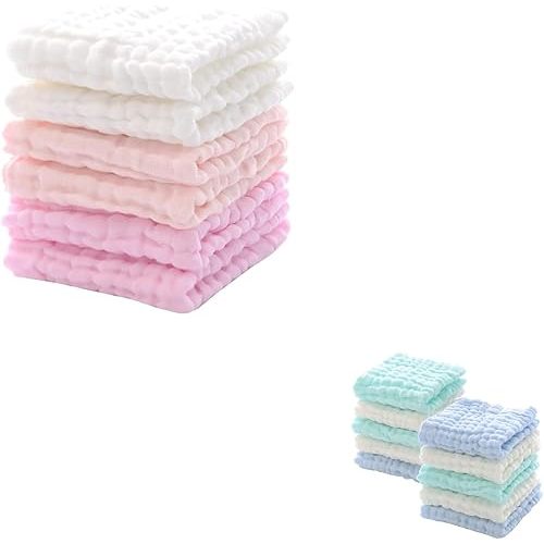 MUKIN Baby Washcloths and Burp Cloths,16 Pack,12x12 Inches,(Pink,Green,Blue,White)