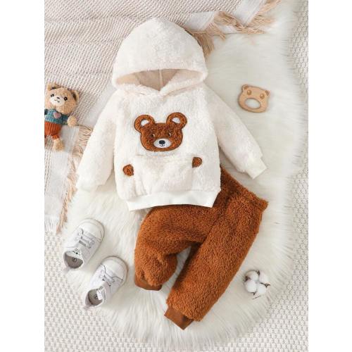 Baby Girl Bear Embroidery Kangaroo Pocket Teddy Hoodie & Pants | SHEIN USA