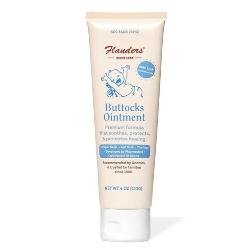 Flanders Buttocks Ointment – Zinc Oxide Diaper Rash Cream, 4oz Tube, Thick Barrier Paste for Baby & Adult Skin, Heat Rash, Chafing & Irritation Relief