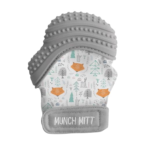 Malarkey Kids Patented Teething Mitten, Munch Mitt Baby Chew Toy - Protects Hands from Chewing & Saliva, Heals Aching Gums, Promotes Sound & Visual Stimulation for Babies - Grey Fox