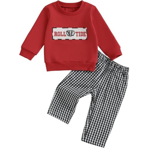 Toddler Baby Boy Football Outfit Tiger Elephant Embroidery Crewneck Sweatshirt Plaid Pants Set Fall Winter Clothes