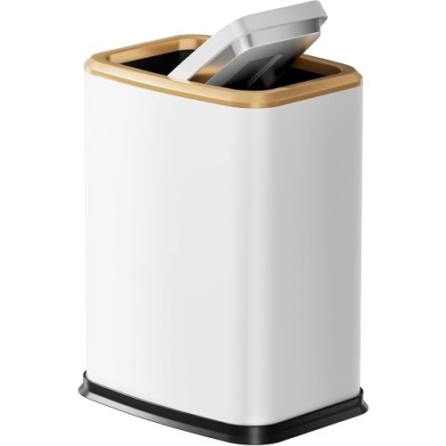 2.1 Gal Slim Bathroom Trash Can with Swing Lid, Rustproof Stainless Steel Small Garbage Can for Narrow Spaces & Toilet Side, Dog Proof Odor Control Waste Basket for Bedroom/Office, White