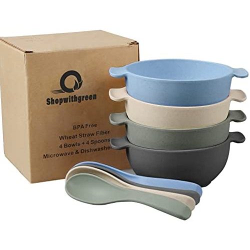 shopwithgreen Unbreakable Kids Bowls -Microwave Dishwasher Safe- Wheat Straw Snack Bowl Sets for Kids and Toddler-4 Bowls and 4 Spoons, Lightweight and Durable ( Small )