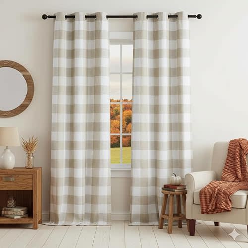 Buffalo Plaid Full Blackout Window Curtains 84 Inches Long Checkered Grommet Panels Farmhouse Geo Energy Efficient Drapes Noise Reducing Thermal Window Treatment Set for Bedroom Tan White,40"x84"x2