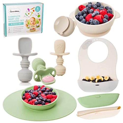 Baby Led Weaning Feeding Supplies for Toddlers - UpwardBaby Baby Feeding Set - Suction Silicone Baby Bowl - Self Eating Utensils Set with Spoons, Bibs, Placemat - Dishwasher-Safe Infant Food Plate Kit