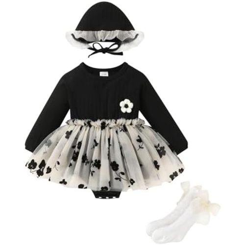 YOUNGER TREE Newborn Baby Girl Romper Dress Outfits Long Sleeve Floral Tutu Bodysuit with Leggings Hat Infant Fall Clothes