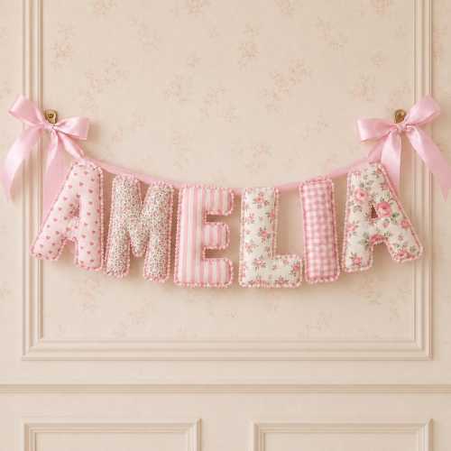 Custom Stuffed Fabric Garland, Personalized Nursery Wall Art, Floral Baby Girl Decor