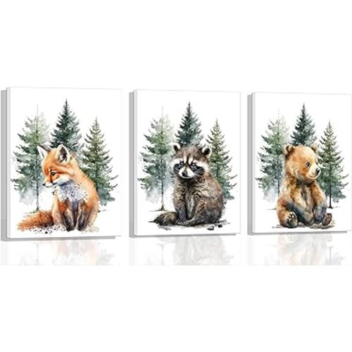3pcs Framed Forest Watercolor Canvas Wall Art Set Featuring Fox Raccoon Bear Paintings Posters Prints Pictures for Kids Room Nursery Kindergarten Wall Decor Decoration
