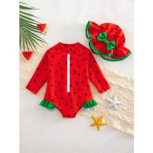 Newborn Baby Watermelon Print Color Block Ruffled One-Piece Swimsuit With Hat Baby Beach Essentials Baby Beach Wear Swimwear For Baby Baby Bathing Suits | SHEIN USA