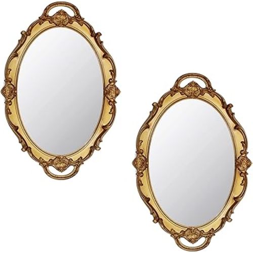 Eaoundm 14.5 x 10 inchs Oval Antique Decorative Wall Mirror Vintage Hanging Mirror (Gold 2 Pcs)