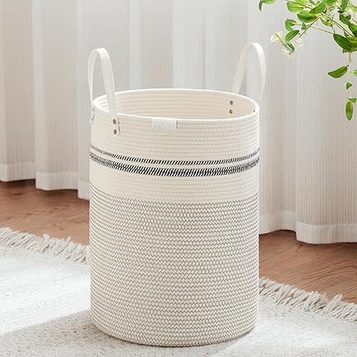 VIPOSCO Tall Laundry Basket, Large Dirty Clothes Hamper with Leather Handle, Woven Rope Storage Basket for Blanket, Toy In Living Room, Bathroom, Bedroom - 58L Stripe White