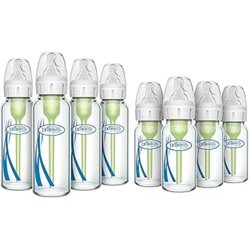 Dr. Brown's Anti-Colic Options + Narrow Glass Baby Bottle with Level 1 Slow Flow Nipple, BPA-Free, 0m+, 4 oz/120mL, 4-Pack + 8oz/250mL, 4-Pack