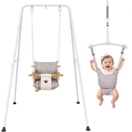2 in 1 Baby Jumper & Swing, Foldable Stand, Toddler Swing Set for Indoor & Outdoor (Grey)