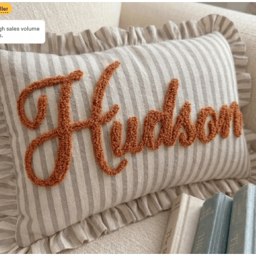 Personalized Baby Boy Name Pillow for Toddler, Custom Beige Striped Punch Needle Ruffled Pillow, Nursery Room Decoration, Newborn Boy Gift