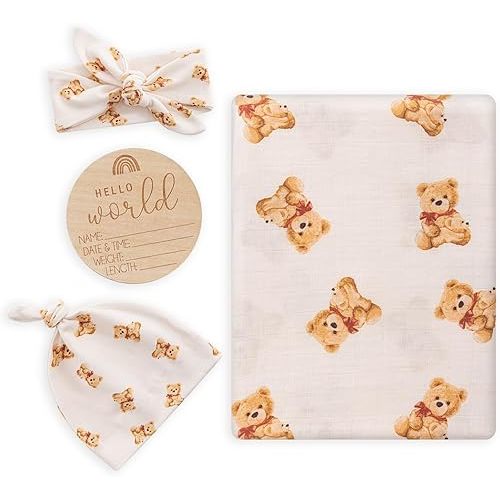 BabyWhale Muslin Swaddle Blanket with Hat and Headband Bow, Bear Pattern Swaddle Set for Baby Boys & Girls, Newborn Breathable Receiving Blanket Wrap, Large 47x47 inches