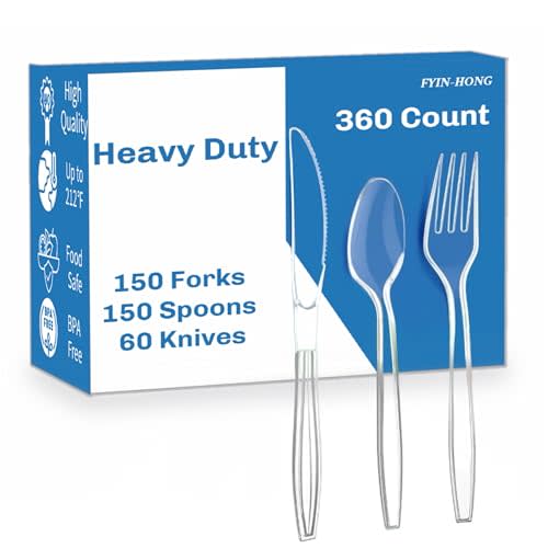 FYIN-HONG 360 Count Heavy Duty Plastic Silverware, Disposable Clear Plastic Utensils Set, 150 Forks, 150 Spoons, 60 Knives, BPA-Free, Heat Resistant; Cutlery Set for Party
