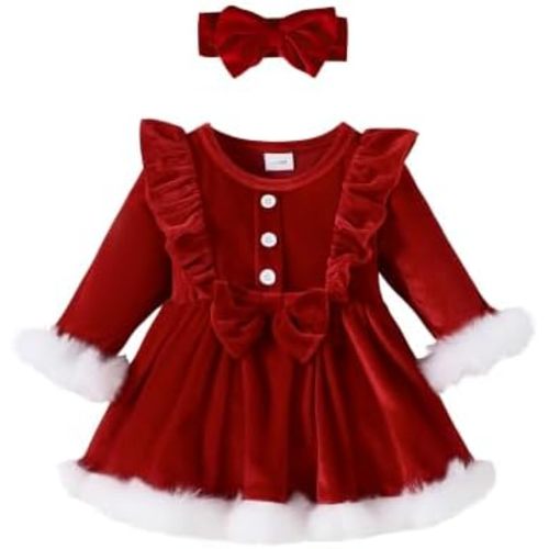 My First Christmas Baby Girl Outfit Ruffle Romper Dress Long Sleeve Bodysuit Headband Set Newborn Winter Clothes