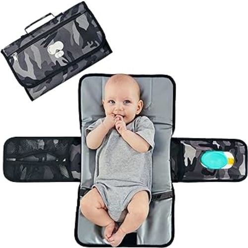 Black Grey Baby Camo Portable Diaper Changing Pad - Waterproof Compact Travel Mat Soft Comfortable Oxford Fabric Easy Clean Foldable Lightweight Mat - Multiple Pockets for Storage