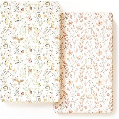 GRSSDER Stretch Ultra Soft Jersey Knit Fitted Crib Sheets Set 2 Pack，Fit All Standard Crib Mattress Pads Safe and Snug, Crib Fitted Sheet for Girls, Beautiful Blush Pink Floral and Cute Animals Print
