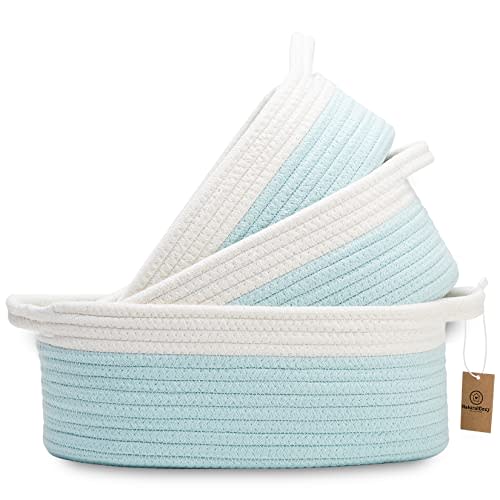NaturalCozy 3-Piece Oval Storage Basket Set–Cotton Rope Woven Baskets for Storage, Gift Basket Empty, Toy Basket, Soft Baby Basket for Nursery, Cat Dog Toy Baskets, Small Basket (Off White Turquoise)