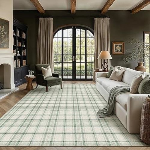 8x10 Green Area Rug for Living Room Bedroom Machine Washable Low Pile Checkered Carpet Modern Accent Soft Non Slip Rug for Dining Room Nursery Office Indoor