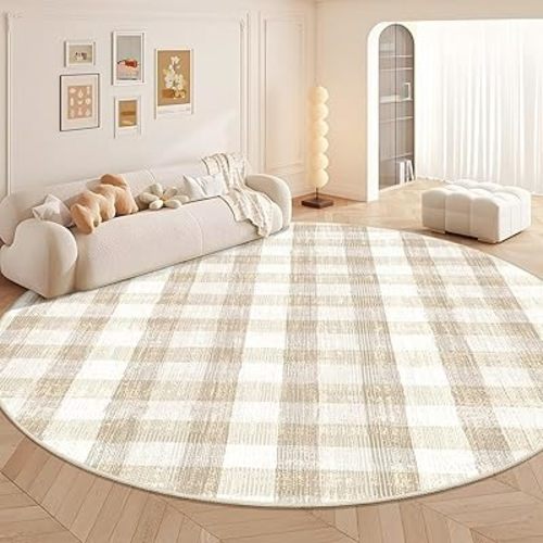 COLORPAPA Checkered Area Rug 9 Ft, Washable Round Rugs for Living Room, Modern Neutral Non Slip Indoor Carpet for Bedroom Office Patio Dining Room (Beige)