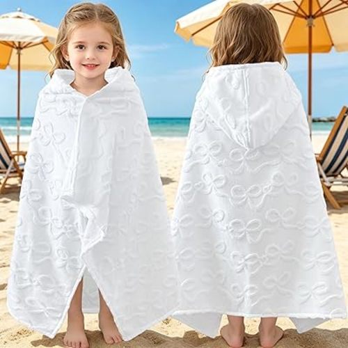VOOVA & MOVAS Toddler Bath Towel with Hood, (0-3Years,40"X25"),Made from 100% Soft Cotton,Absorbent Hooded Towel Wrap for Baby Boy,Perfect for Pool | Swimming | Bath | Beach,Jacquard White Bow