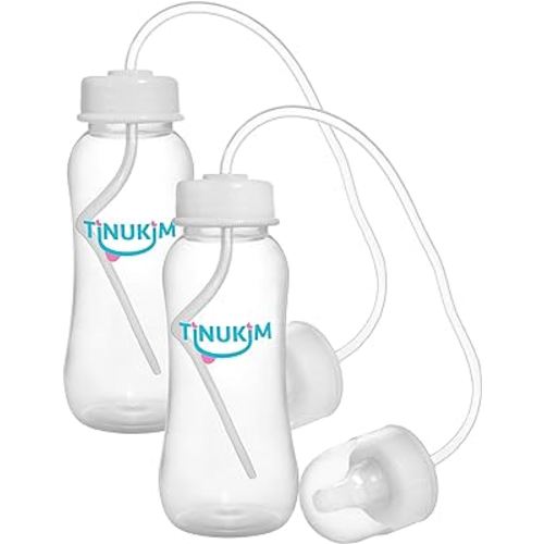 Tinukim iFeed 9 Ounce Self Feeding Baby Bottle with Tube - Handless Anti-Colic Nursing System, White - 2-Pack