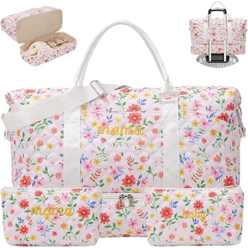 Mama Maternity Hospital Bag Essentials for Women Labor Delivery Baby Diaper Organizer with Shoe Compartment,2 Toiletry Pouch Travel Floral Duffle Bag for Pregnancy Mommy Weekender Overnight Gifts,Red