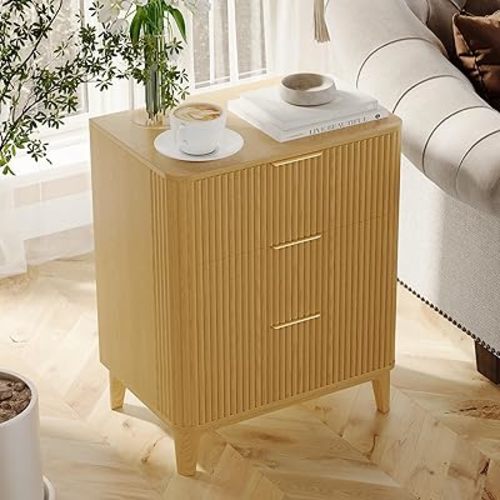3 Drawer Fluted Dresser for Bedroom, Modern Closet Dressers Chest of Drawers, 23.6" Rustic Wood Nightstand 3-Drawer Dresser Bedside Table, Curved End Table with 3 Large Drawers for Living Room Natural