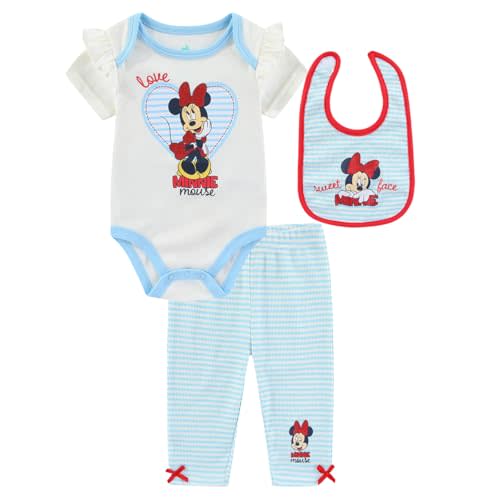 Disney Minnie Mouse Baby Girls Bodysuit Bib and Pants 3 Pc Set for Infants