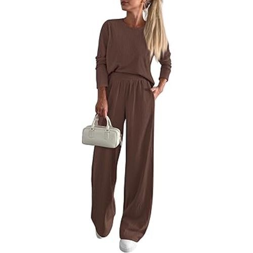 KIRUNDO Fall 2 Piece Lounge Sets for Women Long Sleeve Ribbed Knit Tops Wide Leg Pants Matching Travel Outfits Postpartum