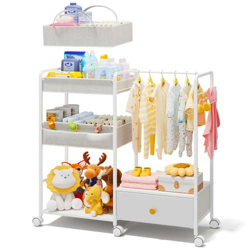 3in1 Diaper Caddy Organizer - Diaper Caddy & Rolling Diaper Cart with Kids Clothing Rack for Nursery and Baby Essentials, Multi-Function Utility Cart for Bedroom and Bathroom, White