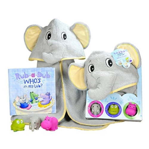 baby gift set- rub a dub, who's in my tub? 5 piece bath set includes elephant hooded towel, 3 jungle safari squirt toys, and book. adorable baby shower gifts for boys and girls!