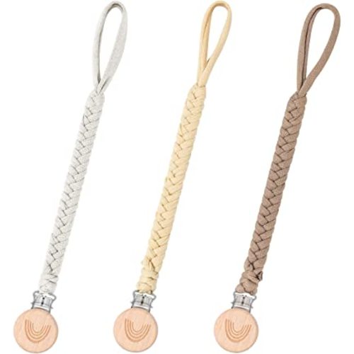 3 Pack Pacifier Clip for Boy and Girl, Pacifier Leashes woodern Clips Teething Toy with Handmade Braided Cotton Modern Unisex Baby Shower Birthdays Christmas Set