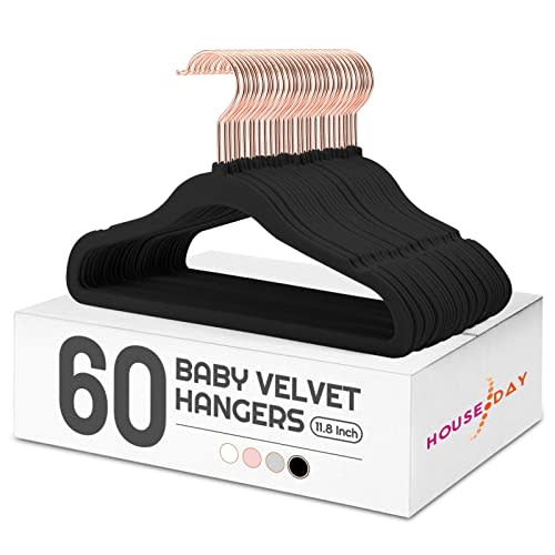 HOUSE DAY Velvet Baby Hangers for Closet, Kids Hangers Velvet 60 Pack, Non Slip Toddler Hanger 11.8 Inch, Durable Childrens Hanger for Newborn Baby Clothes- Black