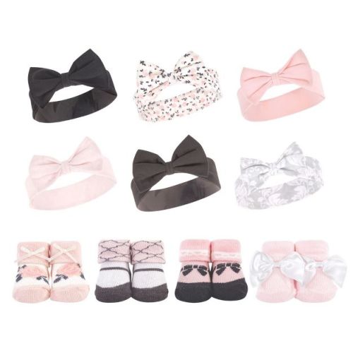 Hudson Baby Infant Girl 10Pc Headband and Socks Set, Berry Floral Damask, 0-9 Months