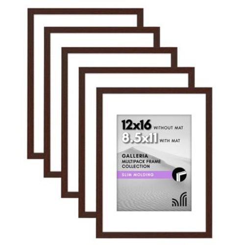 Americanflat 12x16 Picture Frame in Mahogany - Displays 8.5x11 With Mat and 12x16 Without Mat- Set of 5 Frames with Sawtooth Hanging Hardware