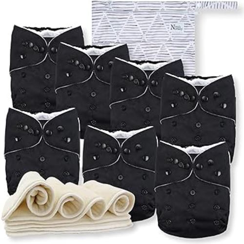 Nora's Nursery Cloth Diapers 7 Pack with 7 Inserts & 1 Wet Bag - Waterproof Cover, Washable, Reusable & One Size Adjustable Pocket Diapers for Newborns and Toddlers - Black Tie
