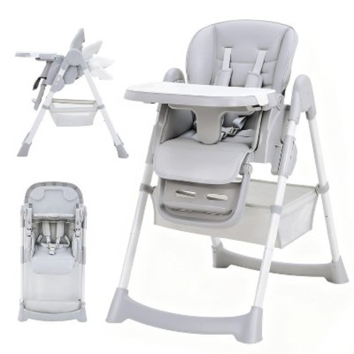 Baby High Chair, Foldable High Chair for Babies & Toddlers, 7 Adjustable Seat Heights & 5-Point Safety Harness for 6-36 Months Babies, Light Gray
