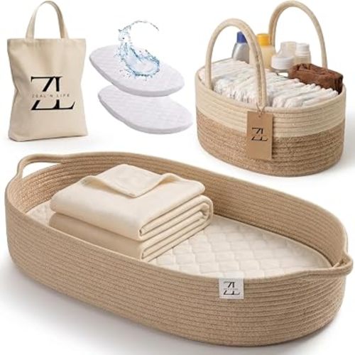 ZEAL'N LIFE 5-in-1 Baby Changing Basket Set, Portable Changing Station with Waterproof Changing Pad, Diaper Caddy Organizer, Baby Blanket & Tote Bag, Gift for New Parents, Moses Basket for Newborns