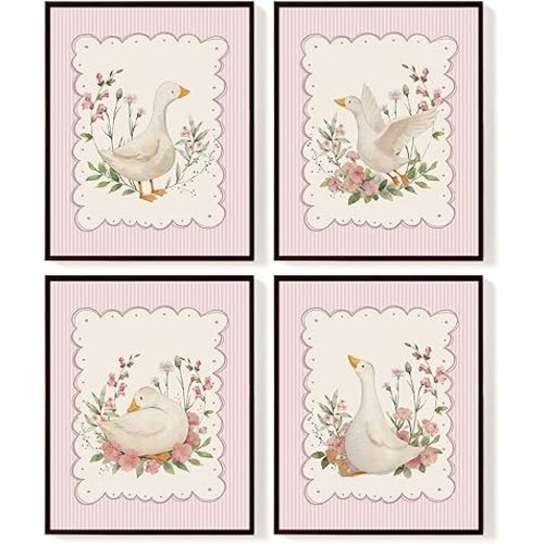 SkyCozy Pink Goose Nursery Wall Art Decor, Boho Pink Plaid Floral Goose Poster & Prints, Cute Wall Art for Kids Toddler Boy Nursery Room Bedroom Playroom Decor, 8x10Inch Set of 4 (UNFRAMED)