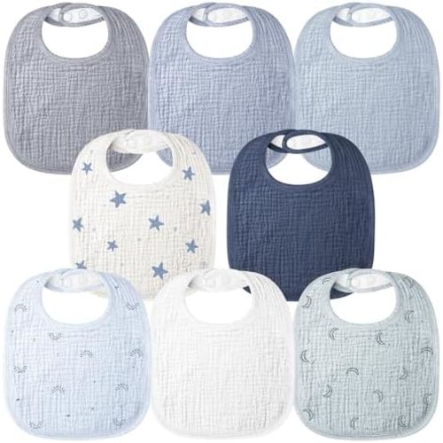 Bearmoss Baby Bibs for Drooling and Teething 100% Cotton Muslin Bibs for Baby Boy & Girl,Adjustable, Ultra Absorbent,8 Pack
