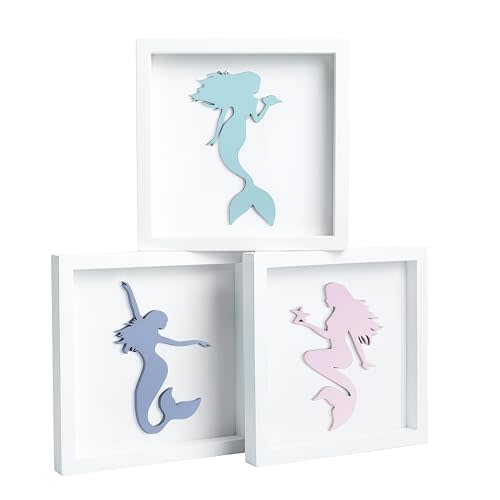 Tide and Tales Elegant 3D Mermaid Wall Decor, Framed Wooden Set of 3 Silhouettes in Pastel Colors, Mermaid Bathroom Decor, Ocean Room Decorations for Girls Bedroom, Ocean Wall Art