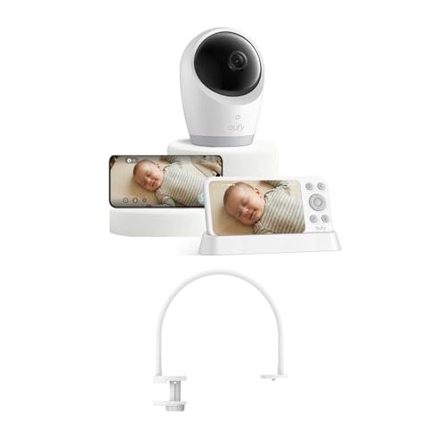 eufy Security E21 Baby Monitor with Baby Monitor Crib Mount, 4K UHD Camera, 5'' 720p Screen, Pan-Tilt and 8× Zoom, Dual Wi-Fi/Local Connection, 24/7 App Recording