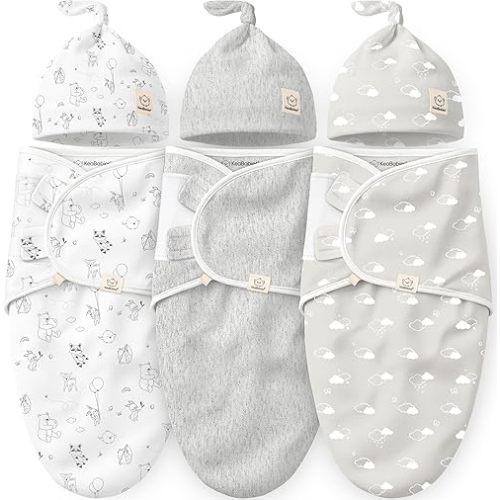 KeaBabies 3-Pack Organic Swaddles for Newborns Girls, Boys with Hats - Soft Cotton Baby Sleep Sacks 0-3 Months, Breathable Baby Hats and Swaddles 0-3 Months, Newborn Essentials Must Haves (Aspire)