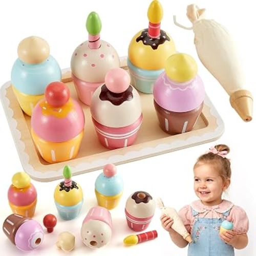 HERSITY Wooden Cupcakes Toys Desserts Play Kitchen for 3+ Years Old Girls