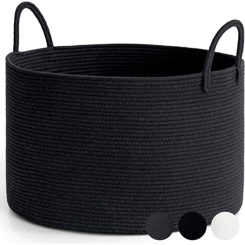Goodpick Big Woven Rope Laundry Basket, Black Laundry Basket for Blankets, Clothes, Toys, Towels, Pillows, Large Bin for Living Room, Bedroom, Bathroom, 21.7 x 13.8 inches, 83L - 83L(21.7" x 13.8")