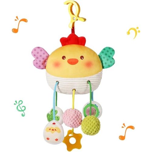 Carseat Toys Hanging for Babies 0-6 Months Boy Girl – Chicken Pull String Baby Toy with Crinkle, Rattle, Mirror, BB Squeaker – Crib Toys Hanging, Stroller, Car Seat Toy, Baby Hanging